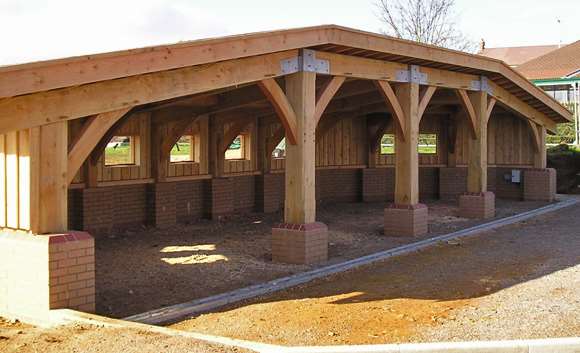 Douglas fir outdoor classroom in Sherborne, built by Cutting Edge Frames.